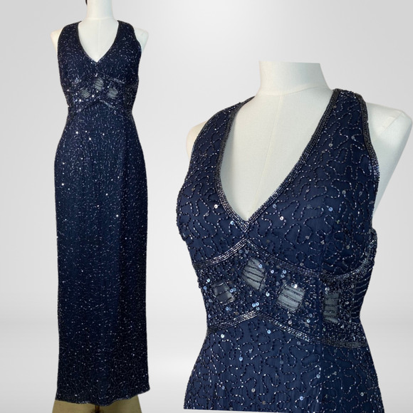 Vintage 90s Scala Womens Beaded Maxi Dress Size L 100% Silk Whimsigoth Fairy - Picture 1 of 16